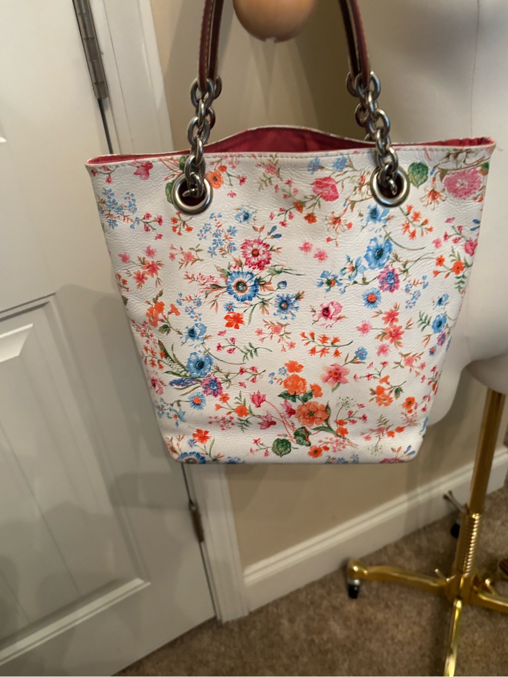 Mauricio Taiuti White Floral leather Print Tote Bag with Pink Trim